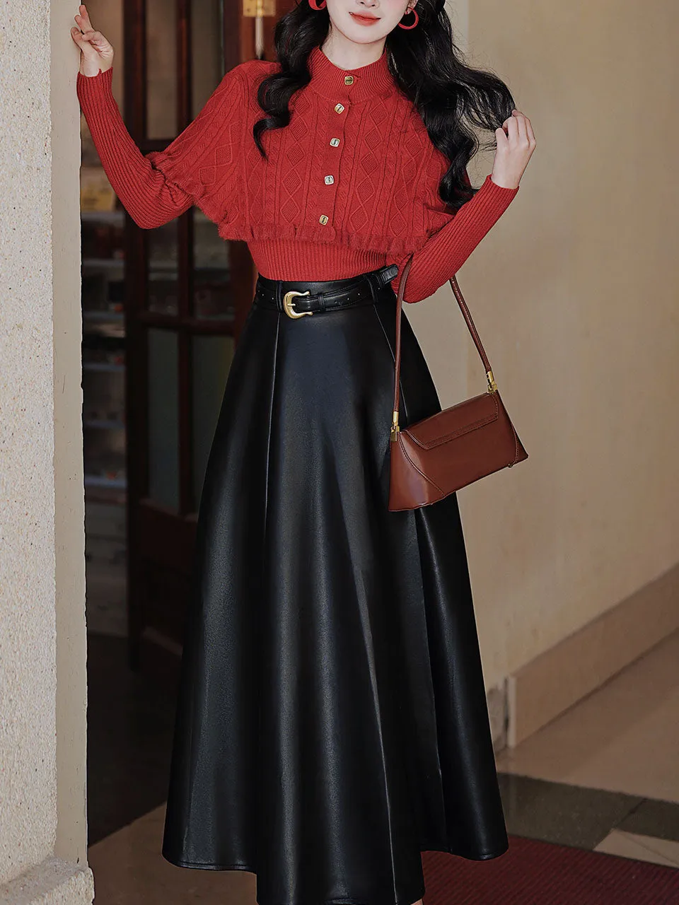 3 Piece Cardigan Top With PU Swing Skirt 1950s Vintage Outfits