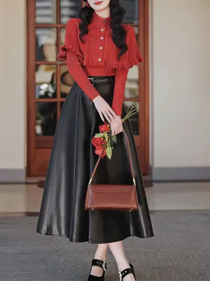 3 Piece Cardigan Top With PU Swing Skirt 1950s Vintage Outfits