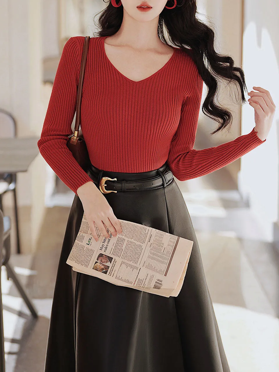 3 Piece Cardigan Top With PU Swing Skirt 1950s Vintage Outfits