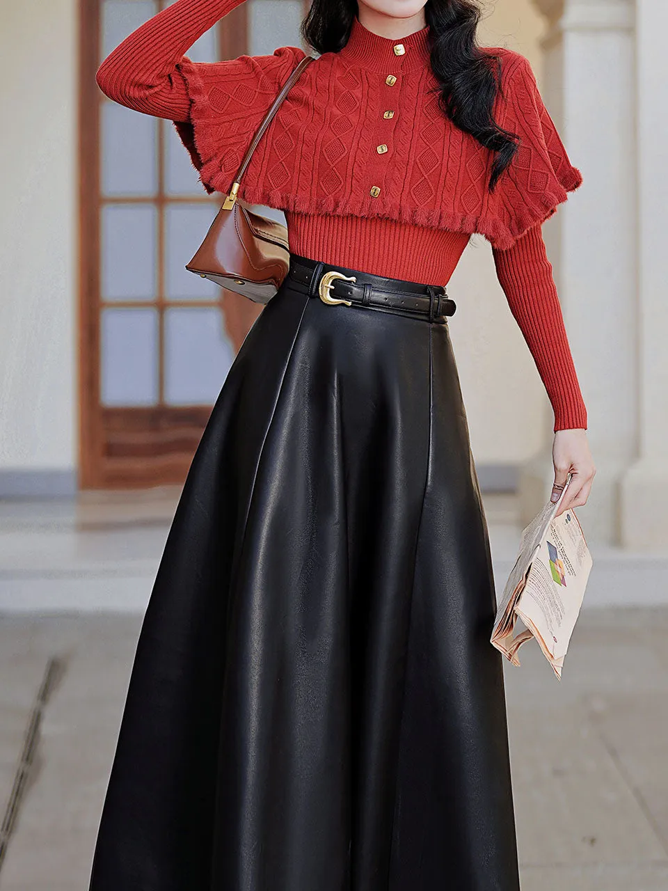 3 Piece Cardigan Top With PU Swing Skirt 1950s Vintage Outfits