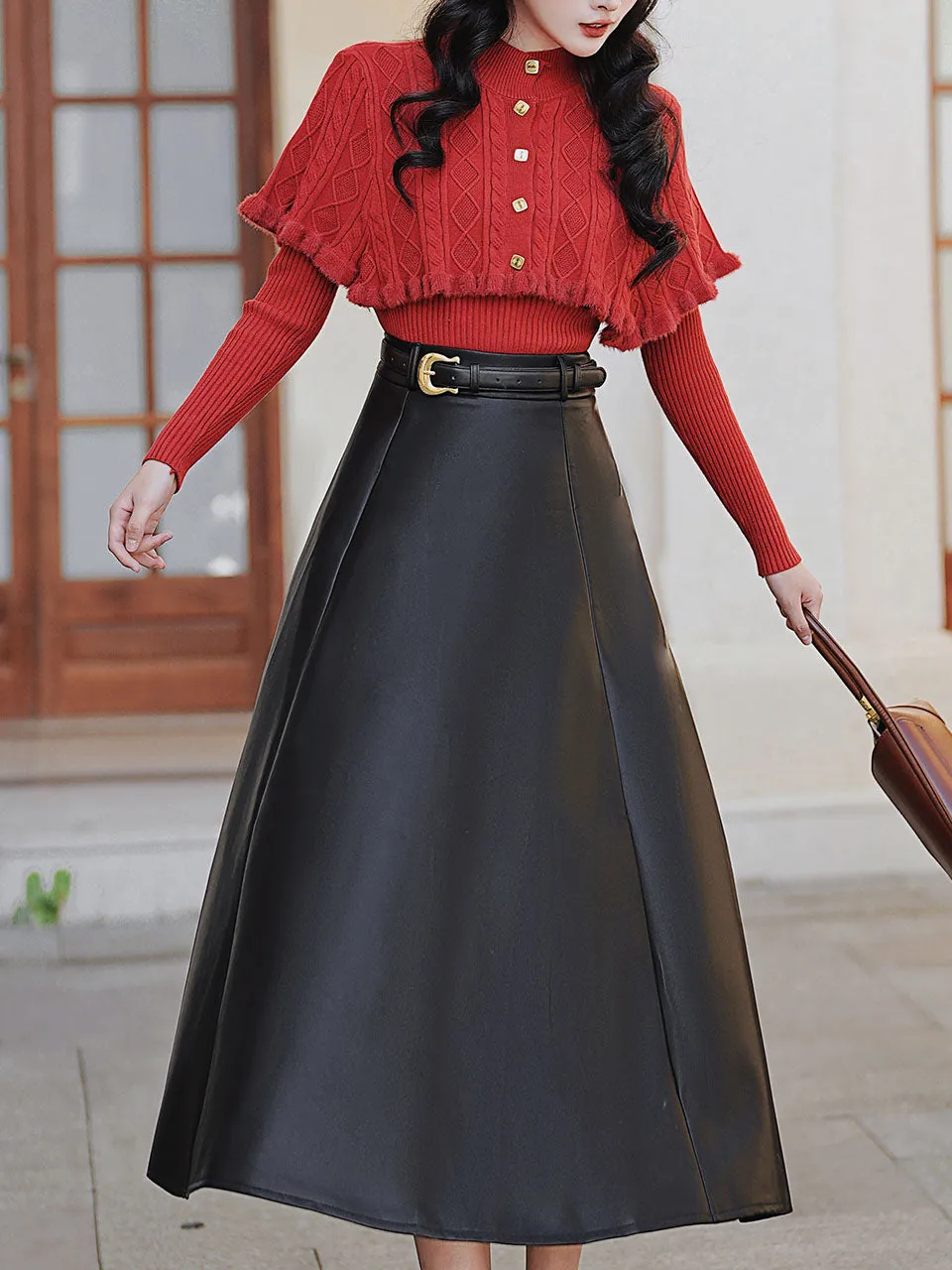 3 Piece Cardigan Top With PU Swing Skirt 1950s Vintage Outfits