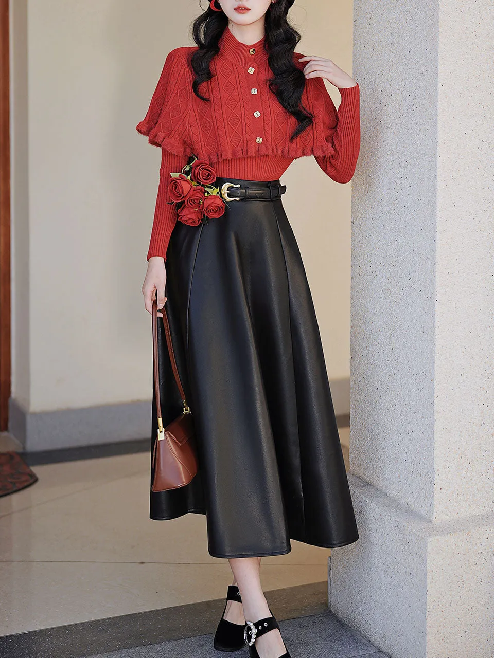 3 Piece Cardigan Top With PU Swing Skirt 1950s Vintage Outfits