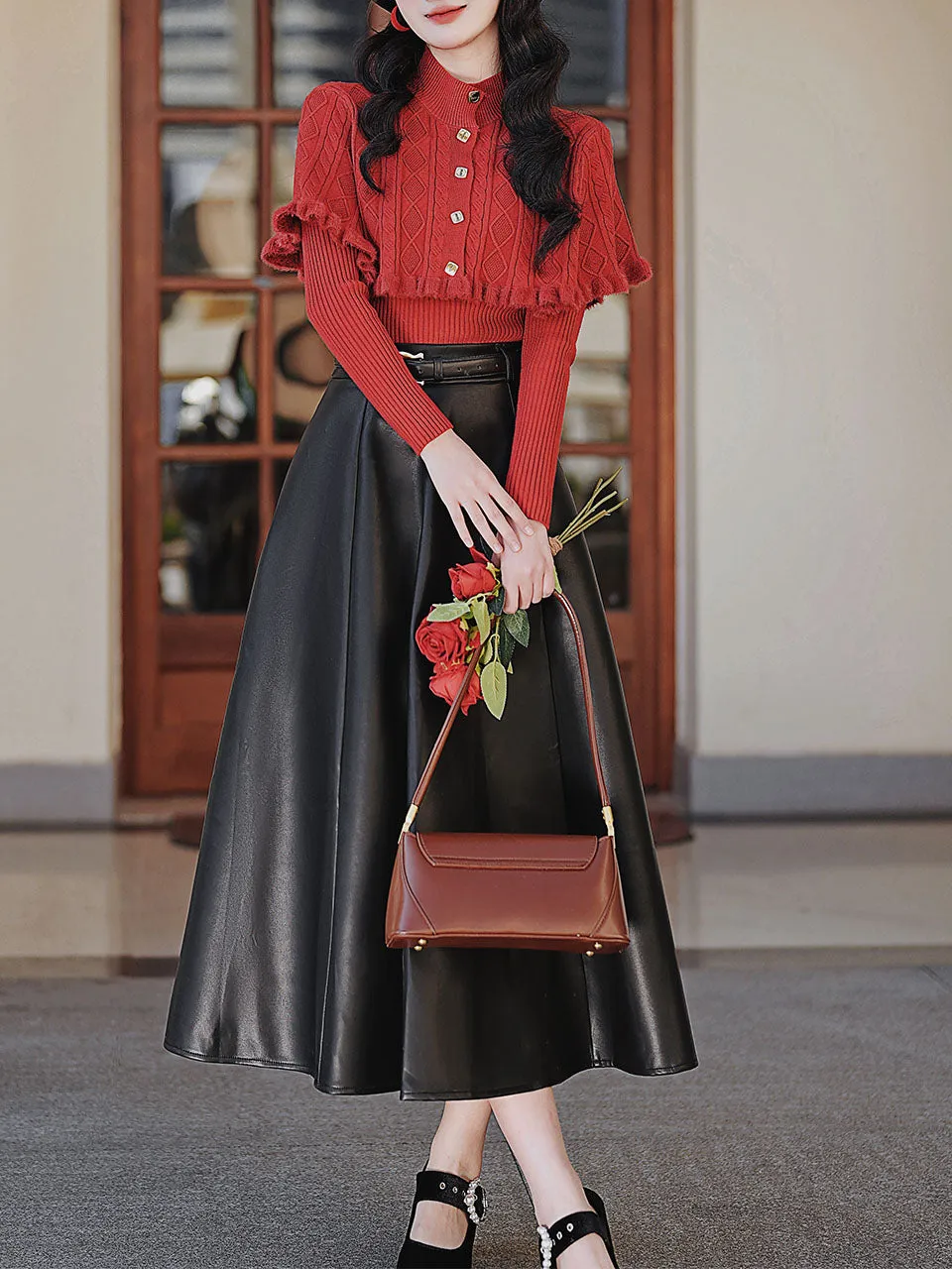 3 Piece Cardigan Top With PU Swing Skirt 1950s Vintage Outfits