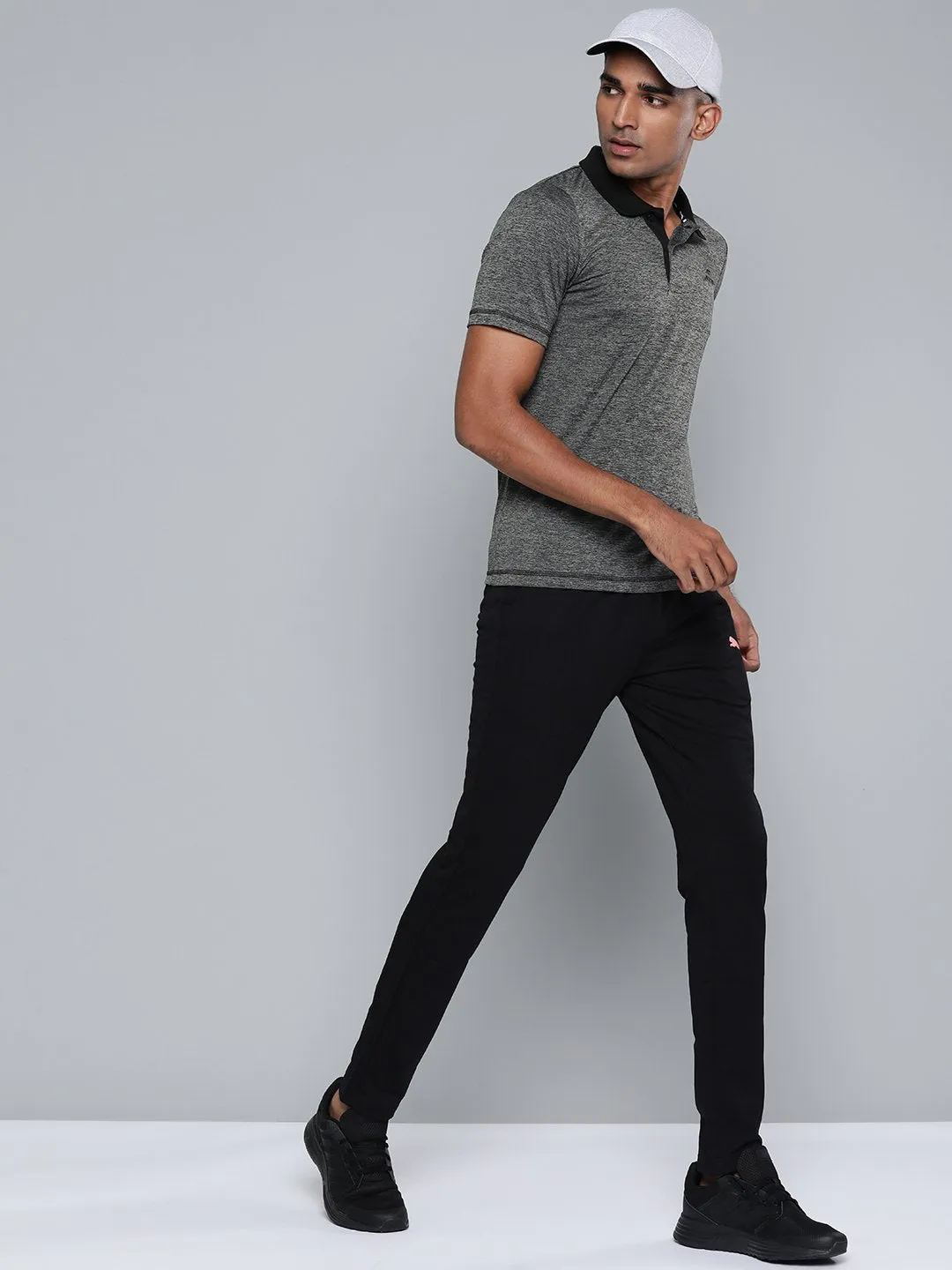 Alcis Men Charcoal Grey Solid Polo Collar Slim Fit T-shirt