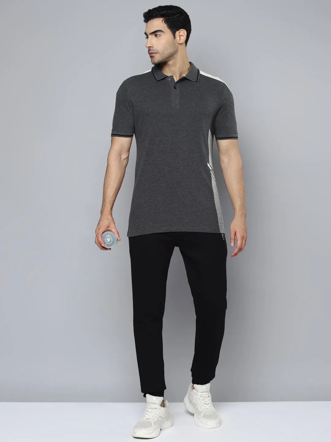Alcis Men Charcoal Printed Polo Collar T-shirt