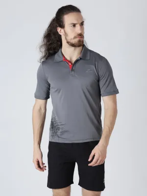 Alcis Men Grey Solid Polo Collar Slim Fit T-shirt