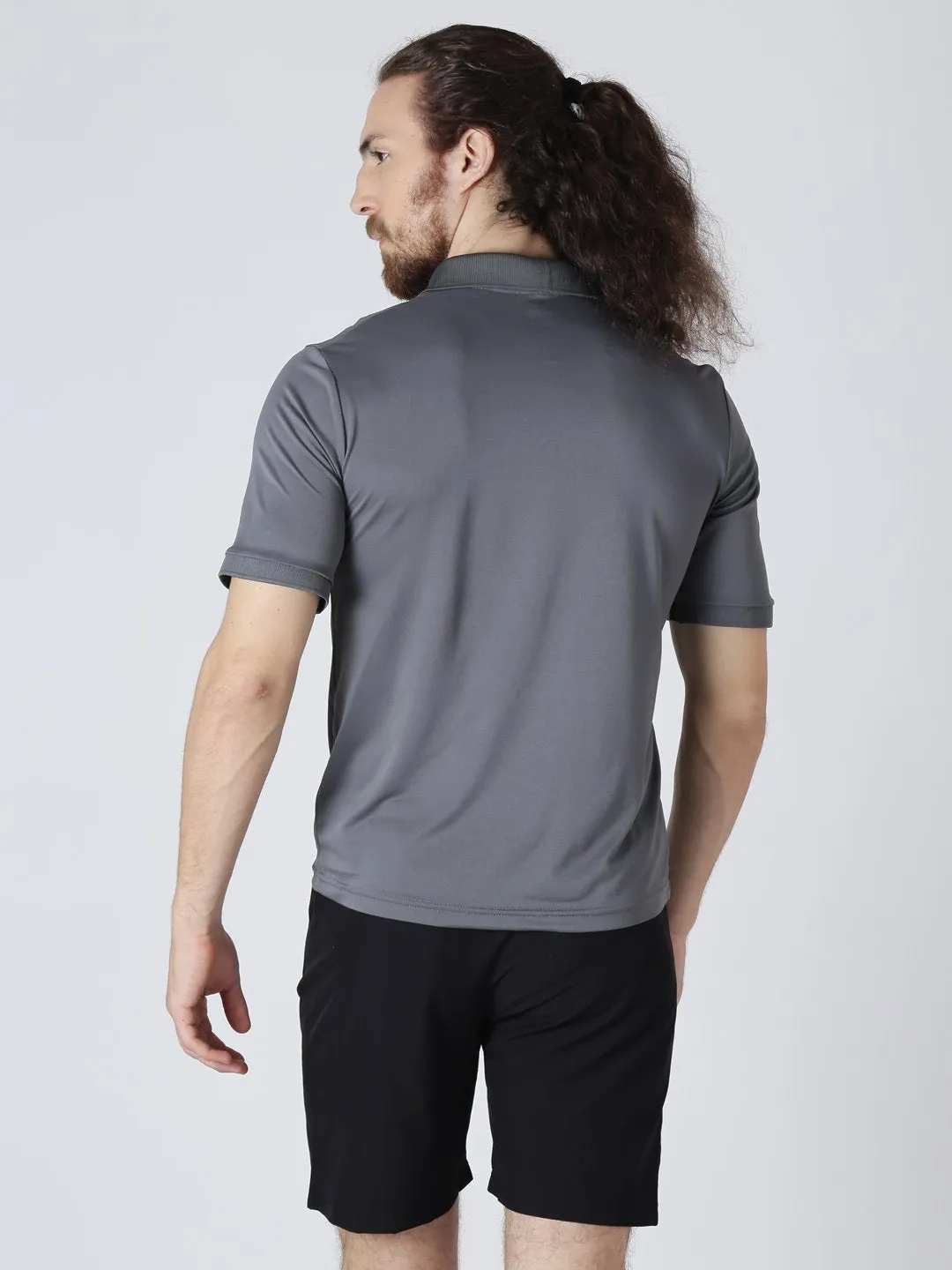 Alcis Men Grey Solid Polo Collar Slim Fit T-shirt