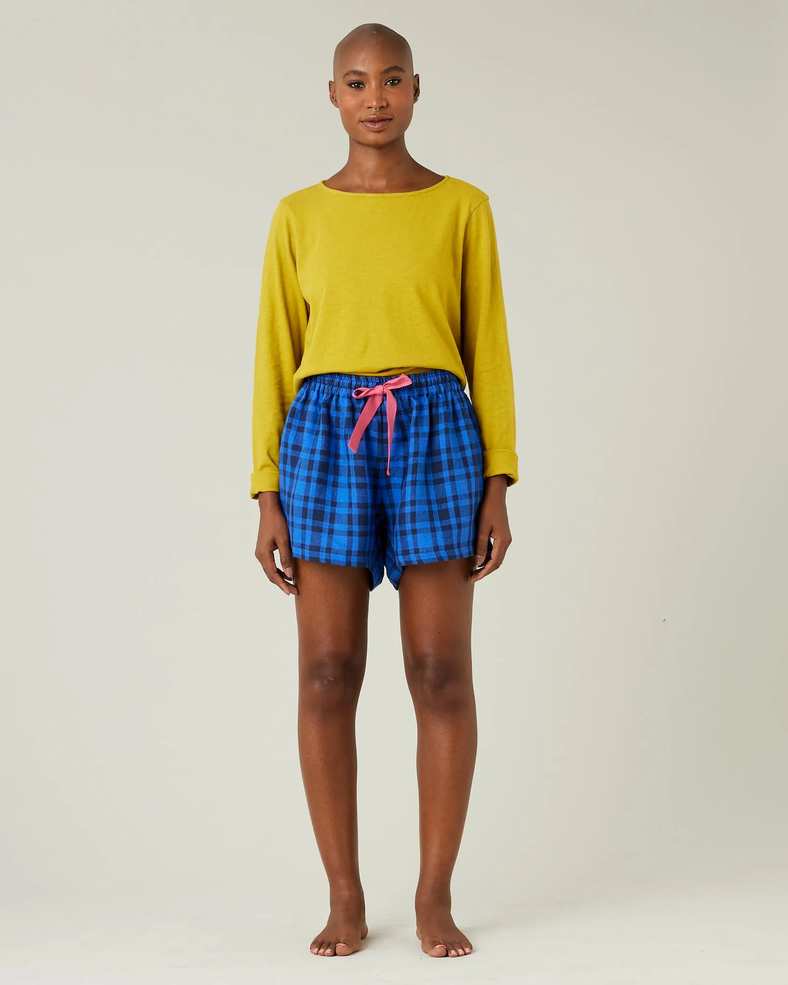 Bed Shorts Indigo Check Linen