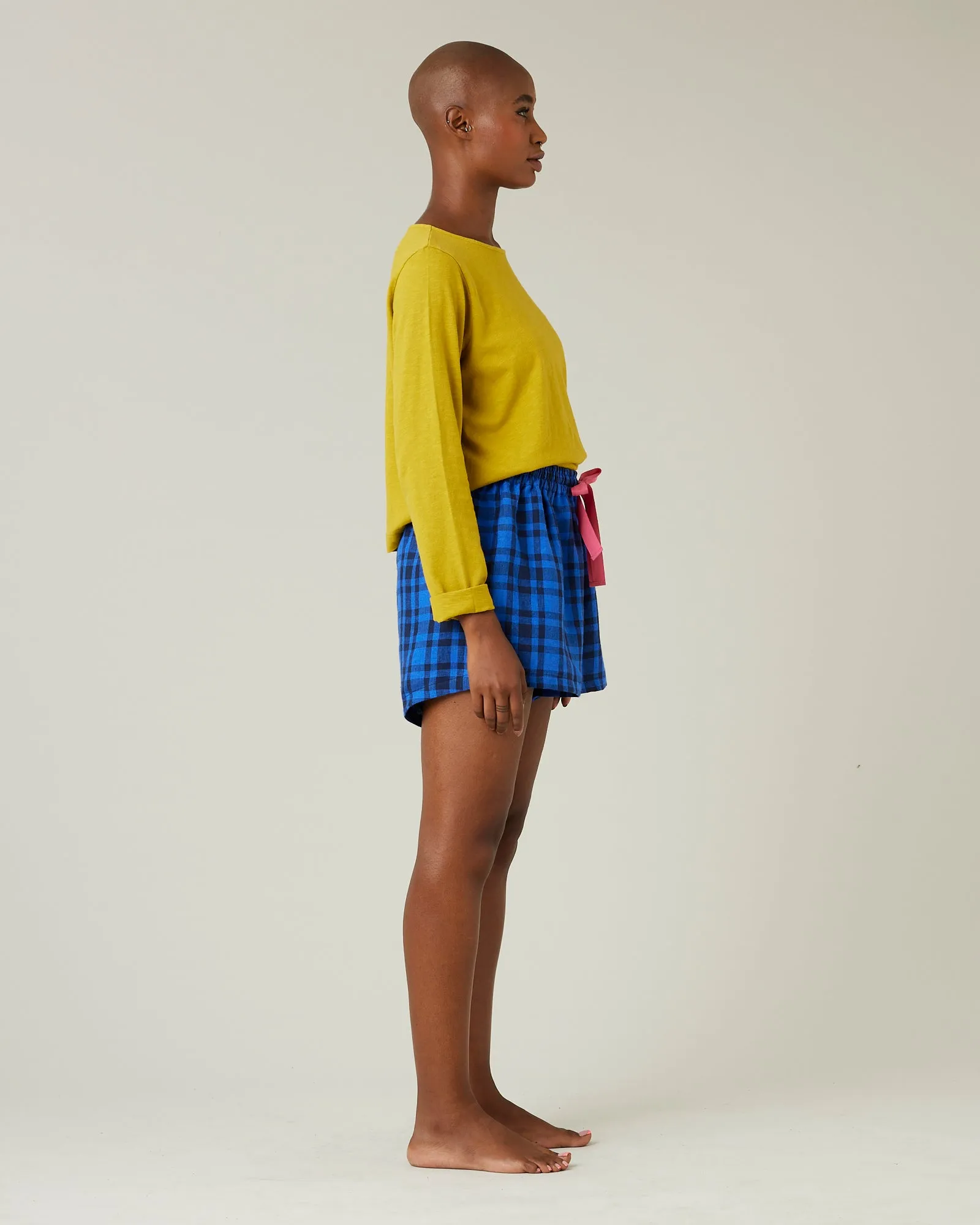Bed Shorts Indigo Check Linen