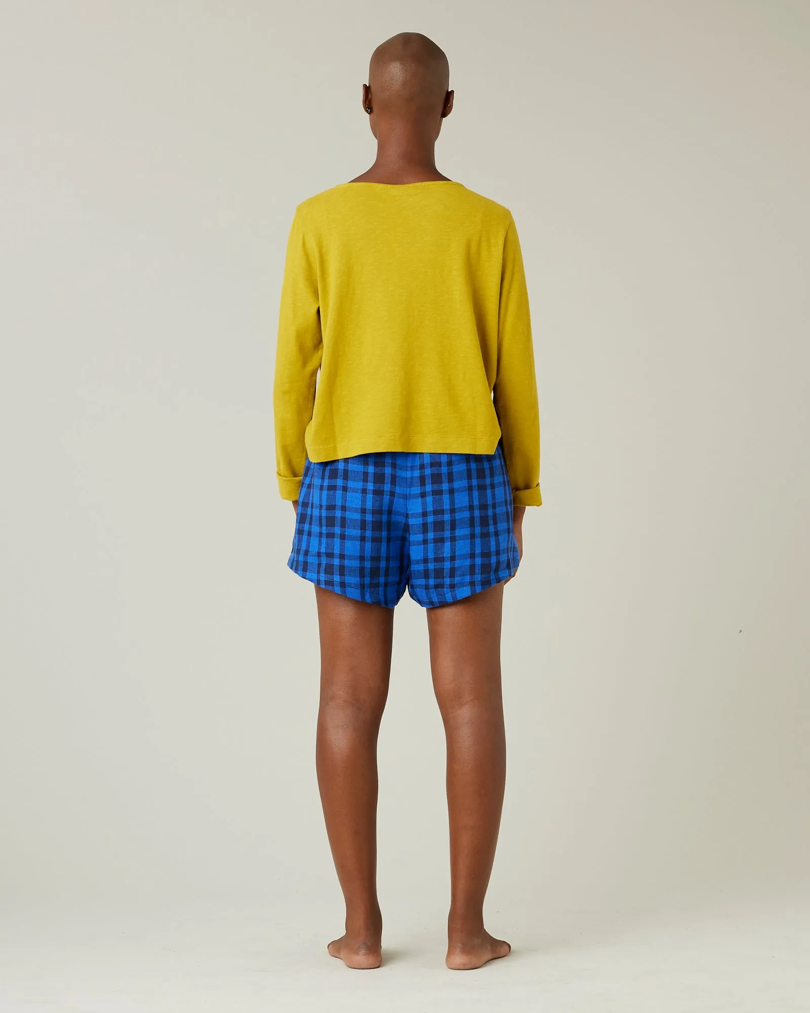 Bed Shorts Indigo Check Linen