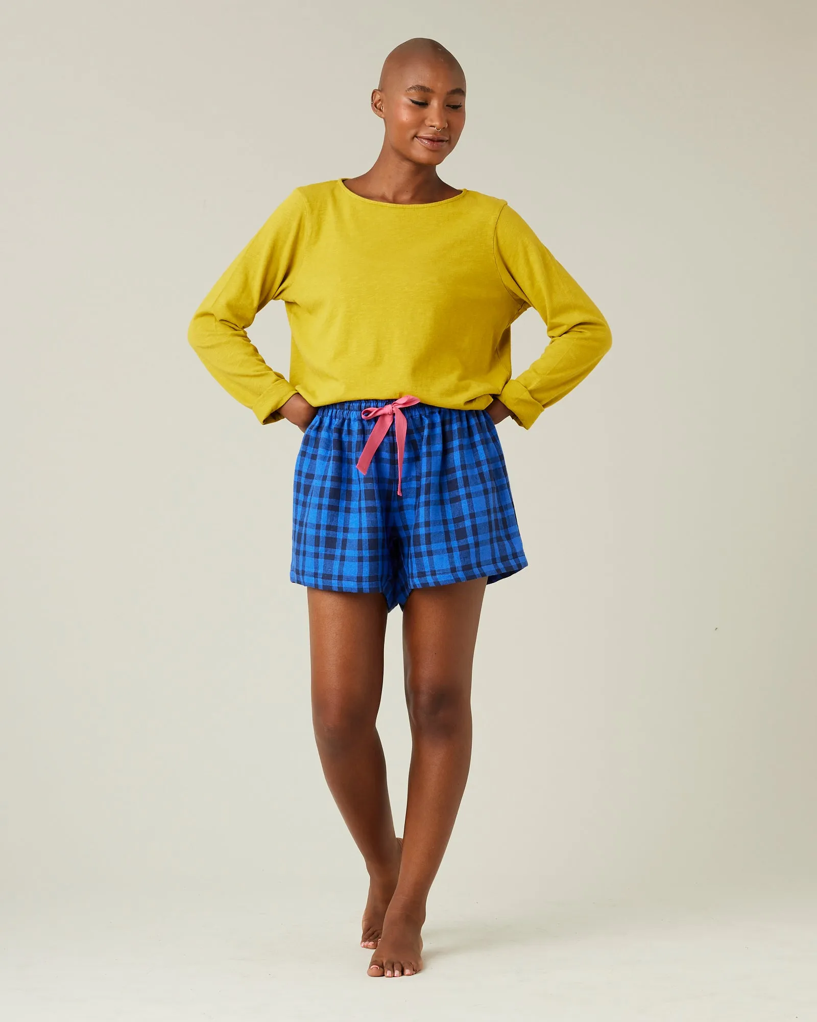Bed Shorts Indigo Check Linen