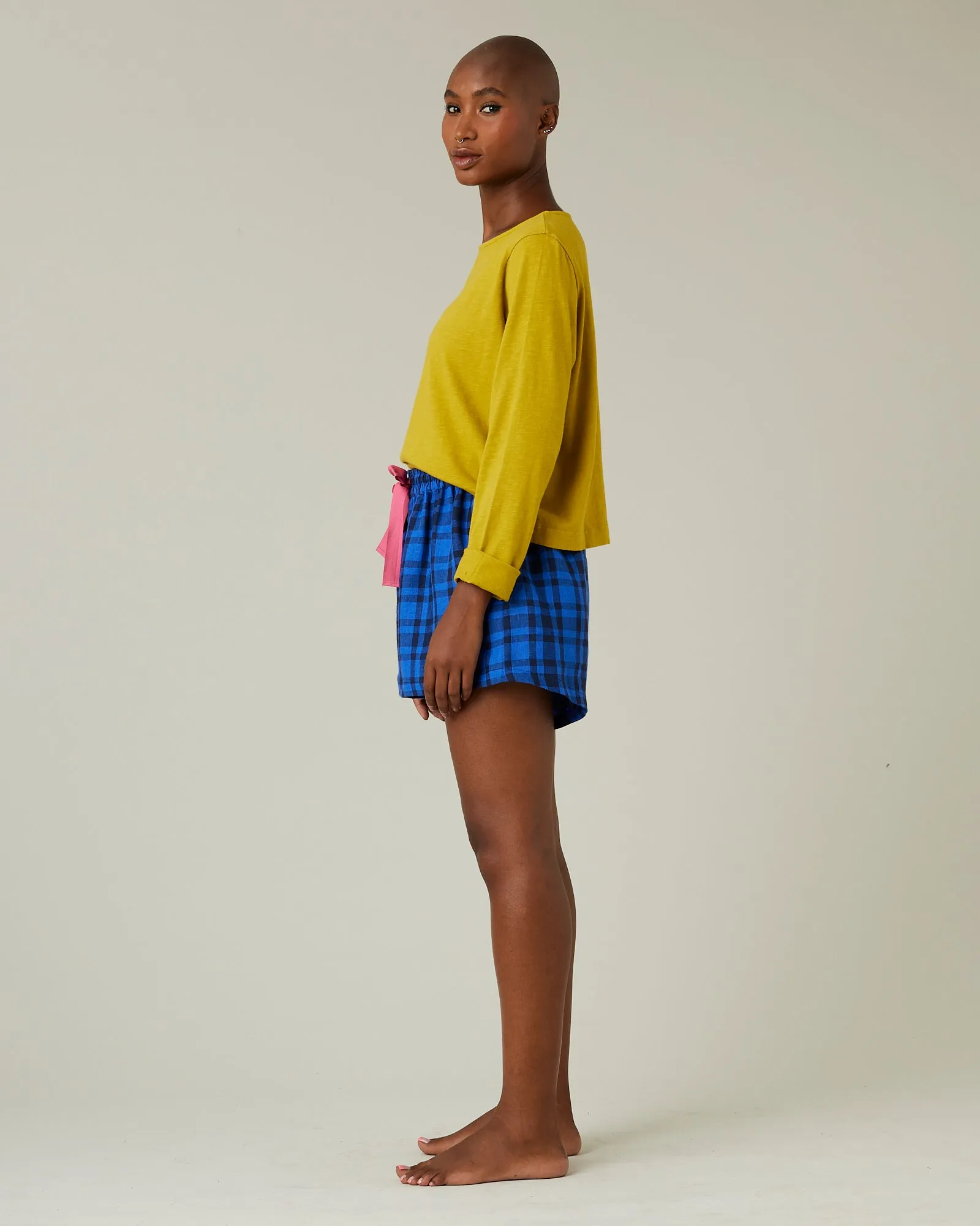 Bed Shorts Indigo Check Linen