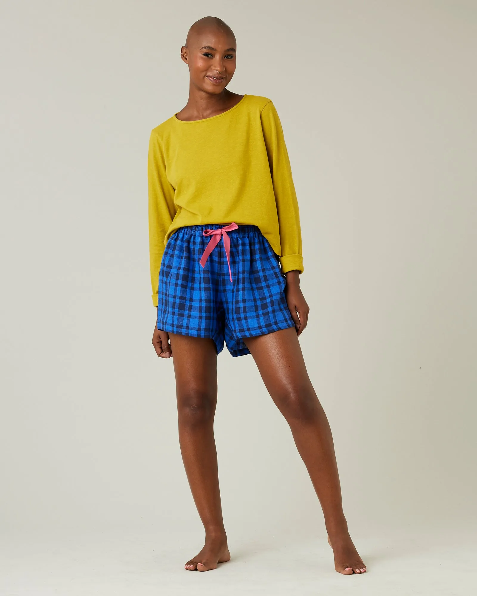 Bed Shorts Indigo Check Linen