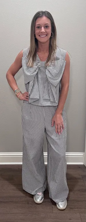 Black & White Striped Pant Set w/ Bow Front