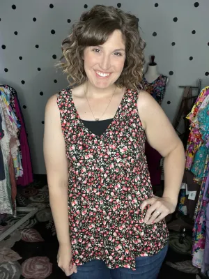 Black Floral V-Neck Ruffle Tank