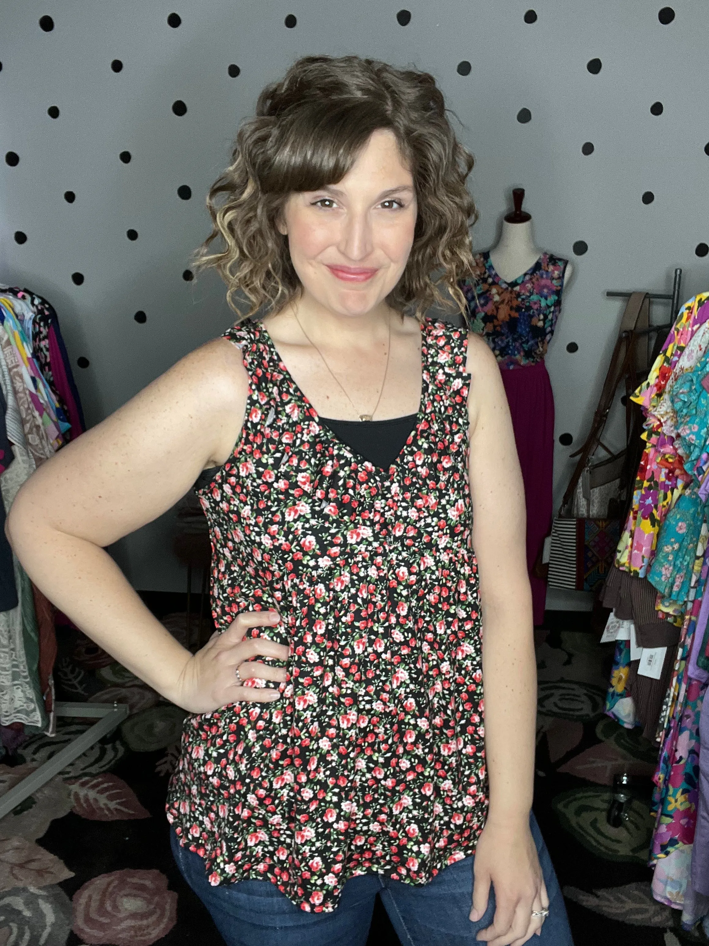 Black Floral V-Neck Ruffle Tank