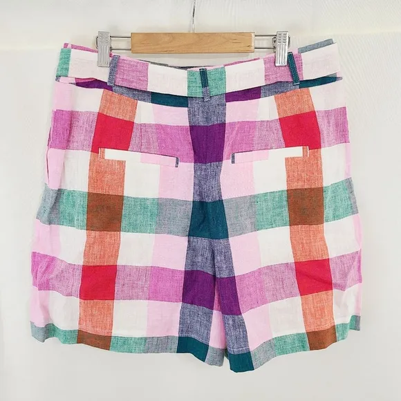 Boden Alma Tie Waist Linen Shorts Bonbon Pink Flambe Check size 8 NWT NWT