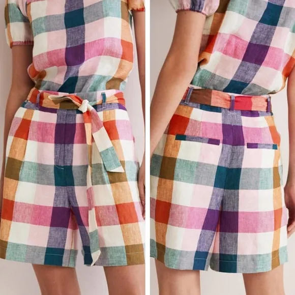 Boden Alma Tie Waist Linen Shorts Bonbon Pink Flambe Check size 8 NWT NWT