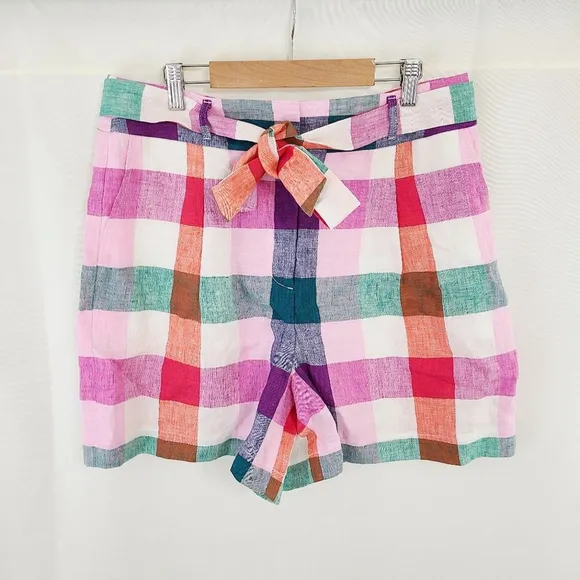 Boden Alma Tie Waist Linen Shorts Bonbon Pink Flambe Check size 8 NWT NWT