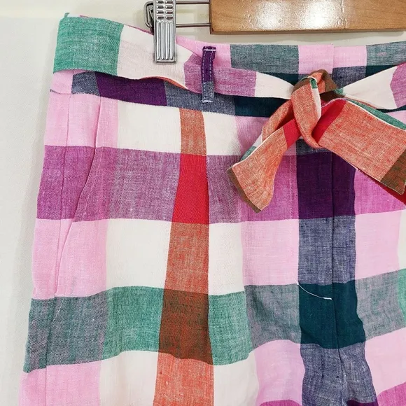 Boden Alma Tie Waist Linen Shorts Bonbon Pink Flambe Check size 8 NWT NWT