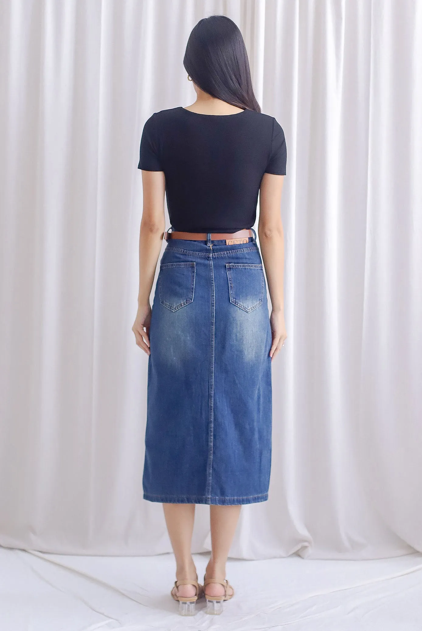 Breia Belted Front Slit Denim Skirt In Dark Wash