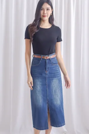 Breia Belted Front Slit Denim Skirt In Dark Wash