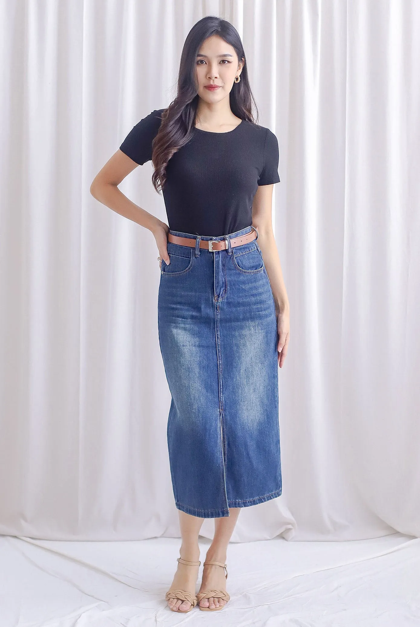 Breia Belted Front Slit Denim Skirt In Dark Wash