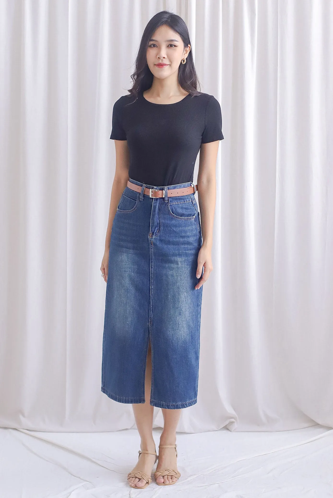 Breia Belted Front Slit Denim Skirt In Dark Wash