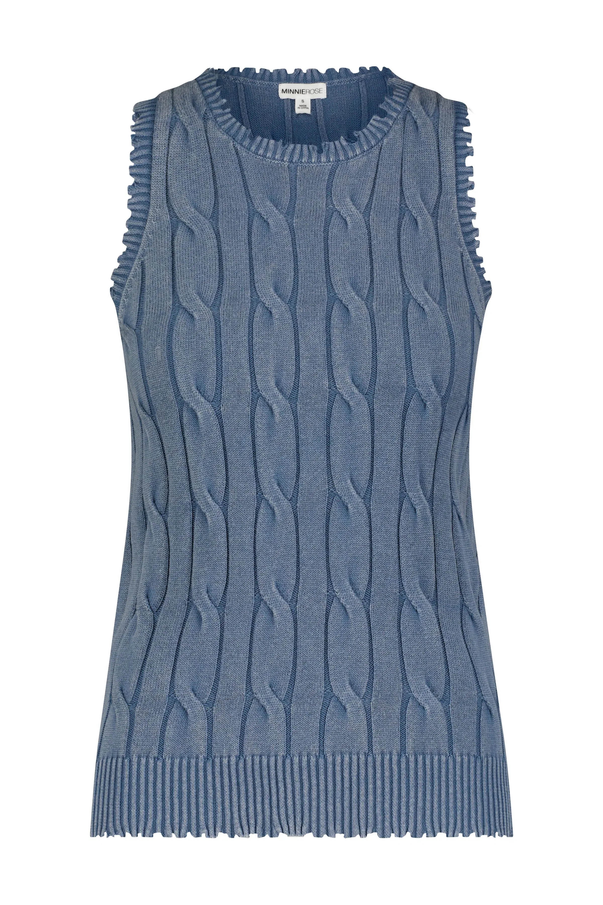 COTTON STONE WASH DISTRESSED CABLE TANK IN FRESCO BLUE