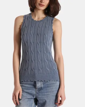 COTTON STONE WASH DISTRESSED CABLE TANK IN FRESCO BLUE