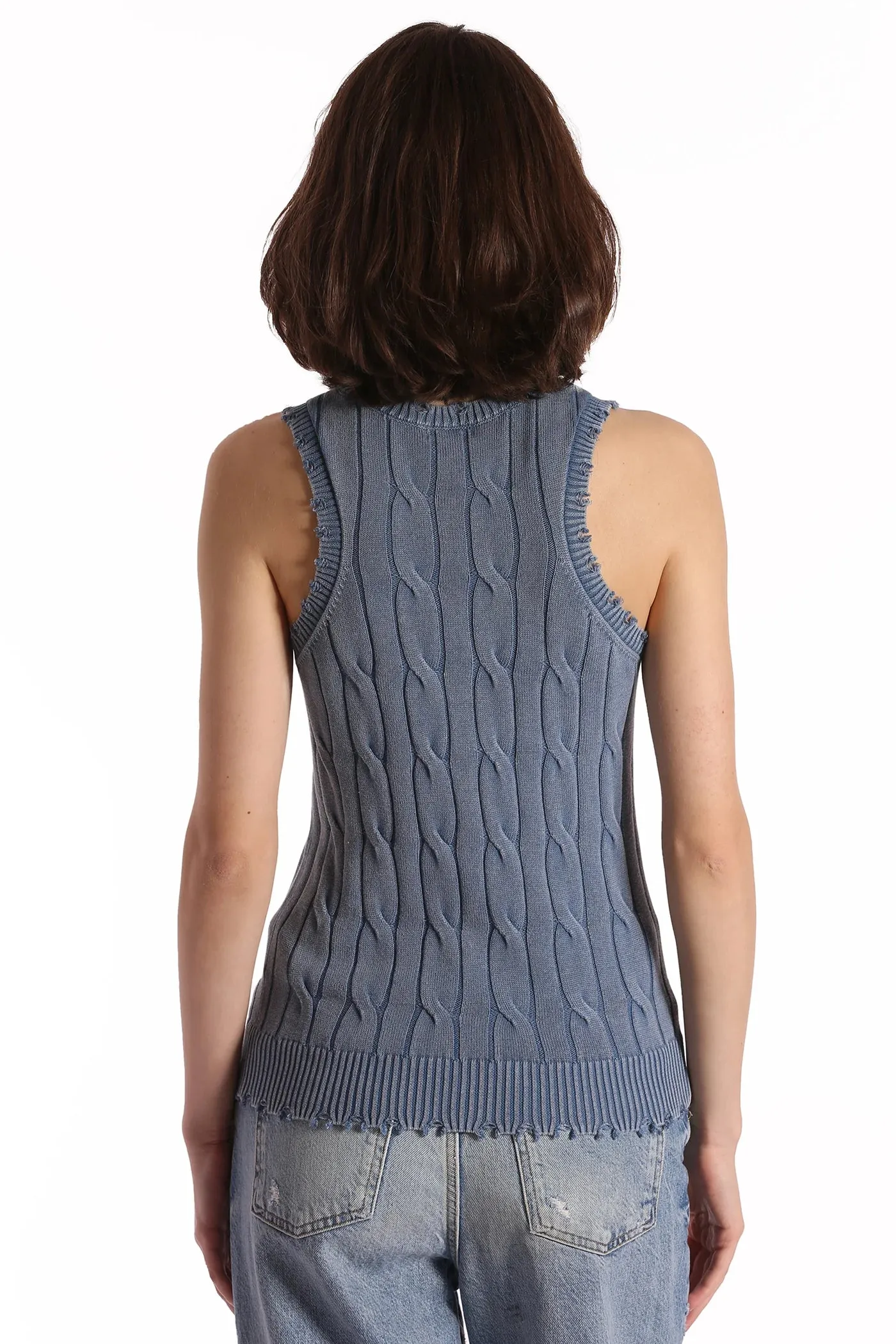 COTTON STONE WASH DISTRESSED CABLE TANK IN FRESCO BLUE