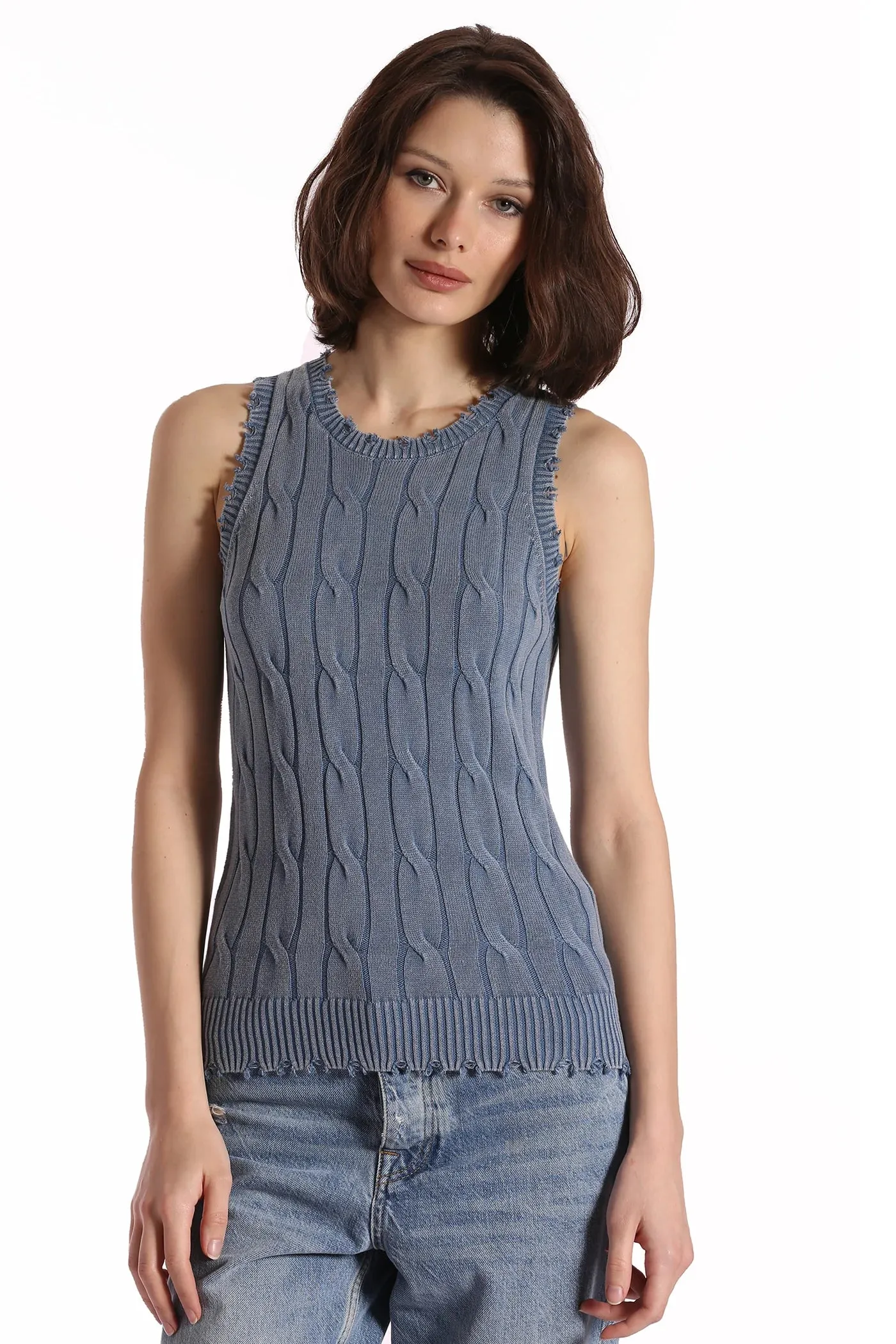 COTTON STONE WASH DISTRESSED CABLE TANK IN FRESCO BLUE
