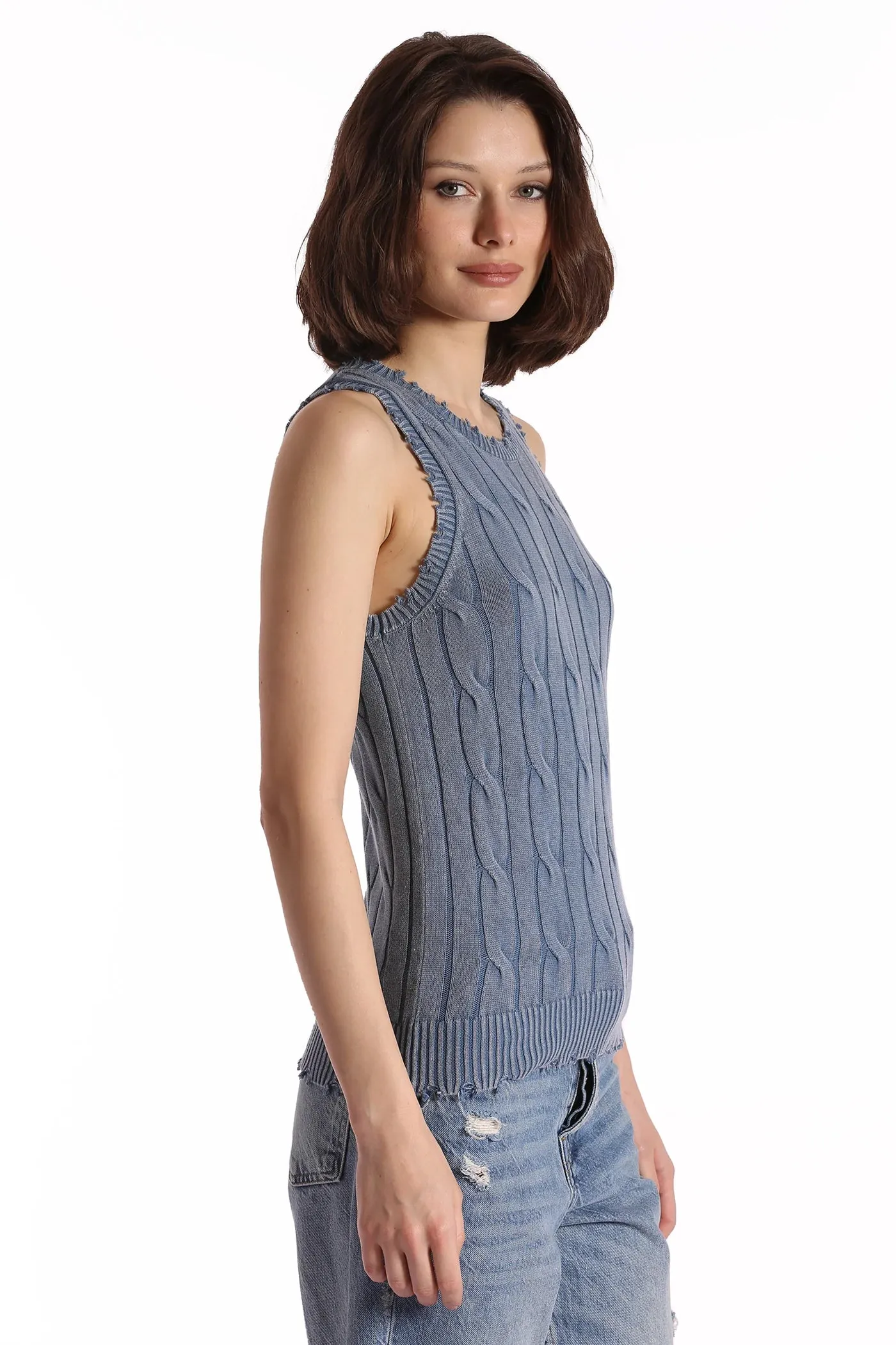 COTTON STONE WASH DISTRESSED CABLE TANK IN FRESCO BLUE