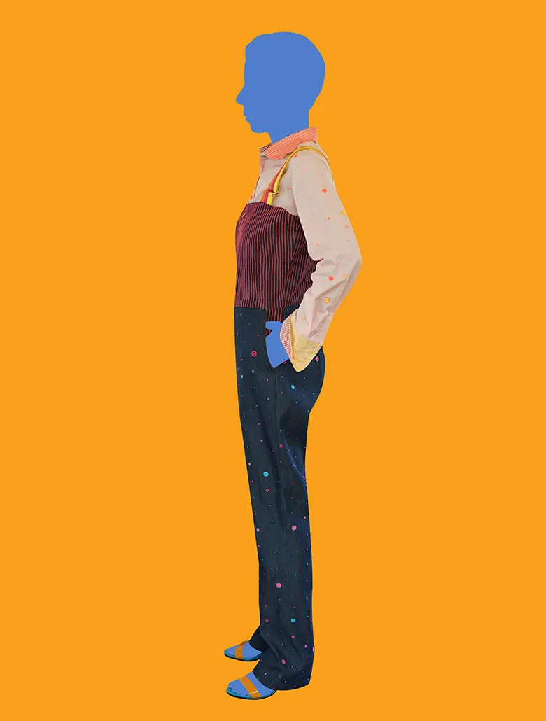 Denim Overalls with Multicolored Dots and Stripes