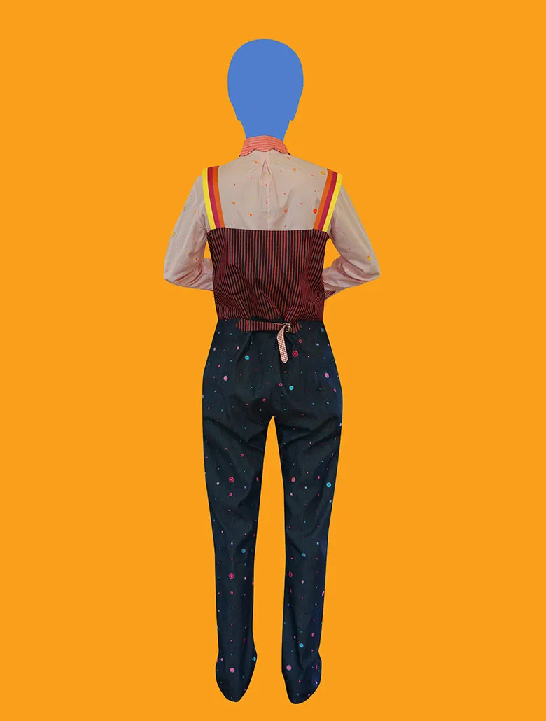 Denim Overalls with Multicolored Dots and Stripes