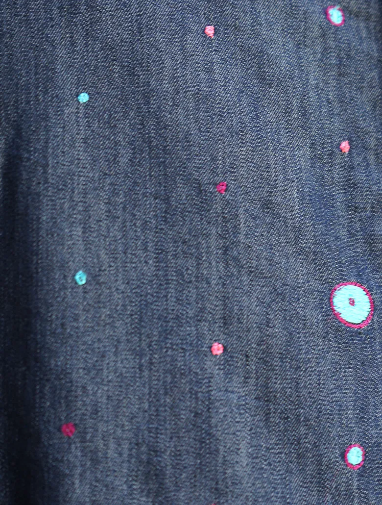 Denim Overalls with Multicolored Dots and Stripes