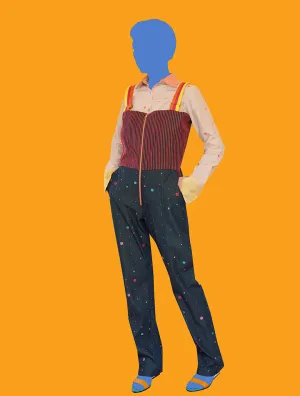 Denim Overalls with Multicolored Dots and Stripes