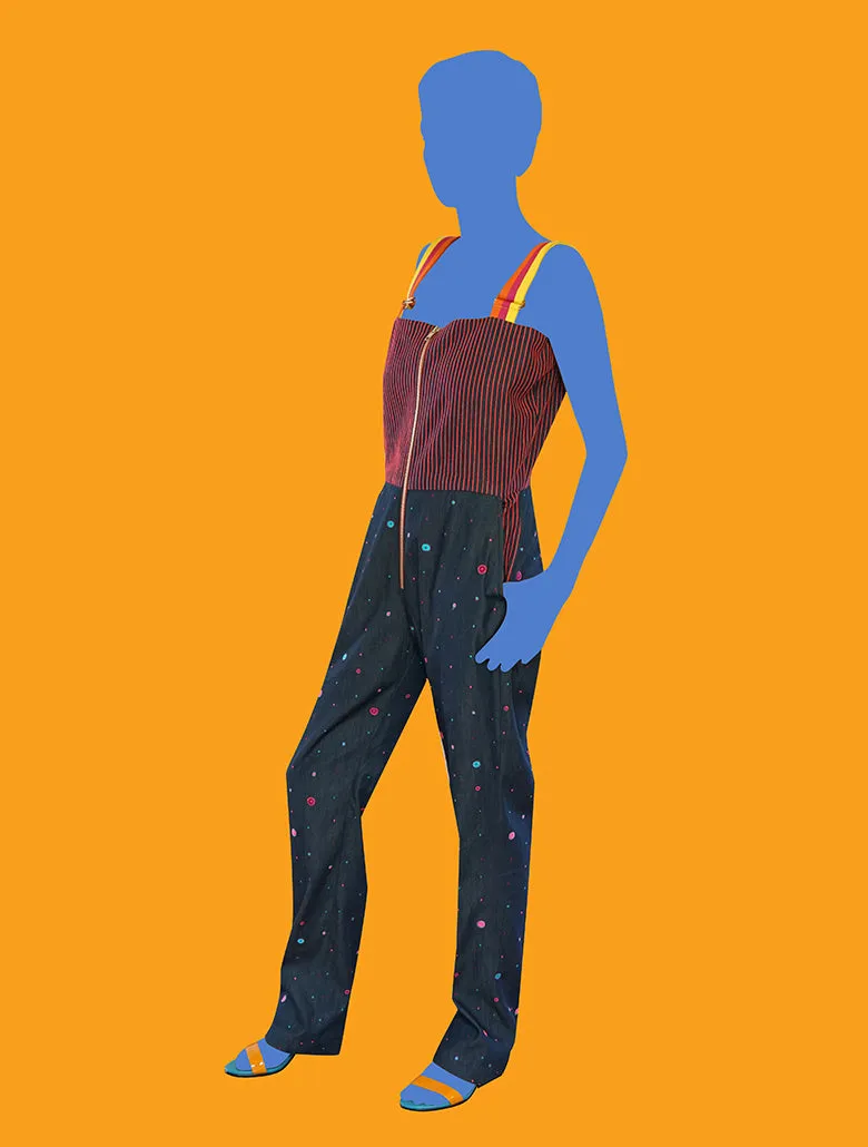 Denim Overalls with Multicolored Dots and Stripes