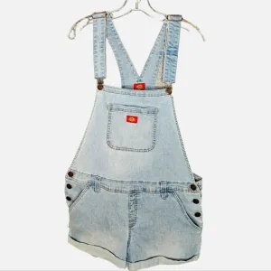Dickies Rolled Hem Overalls Shorts Light Washed Bib Pocket L