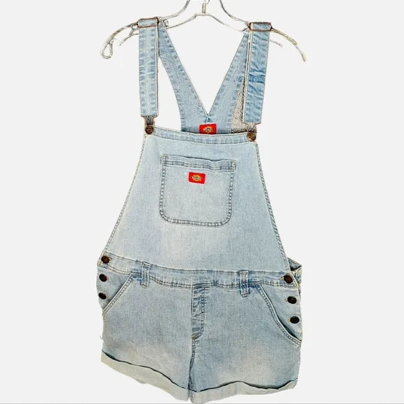 Dickies Rolled Hem Overalls Shorts Light Washed Bib Pocket L
