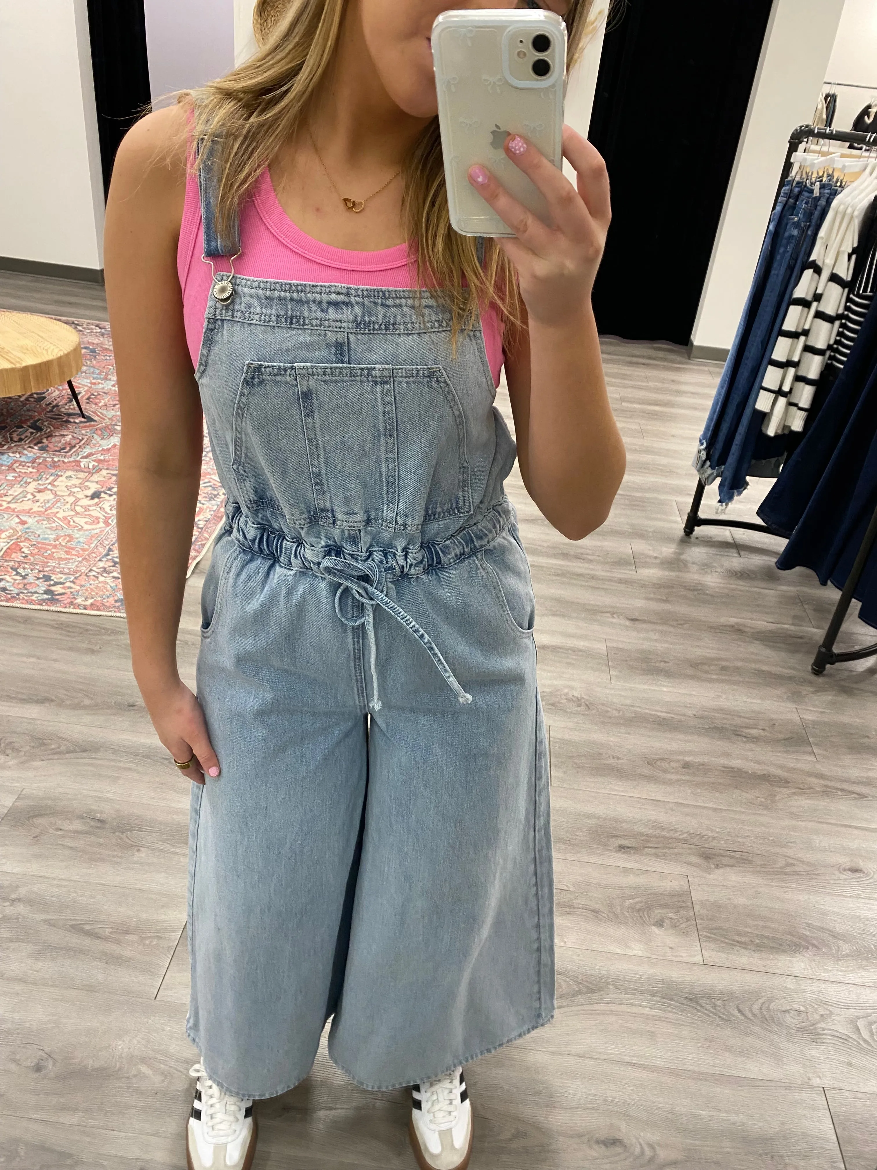 Drawstring Wide Leg Denim Overalls