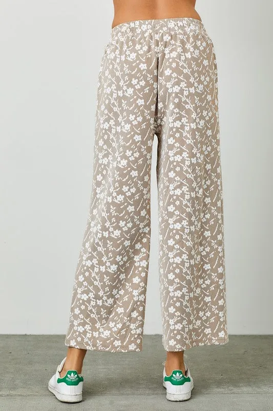 Floral knit jacquard elastic waist pants (part of a set)