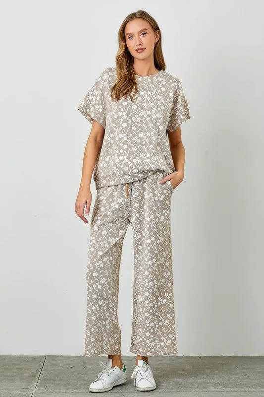 Floral knit jacquard elastic waist pants (part of a set)