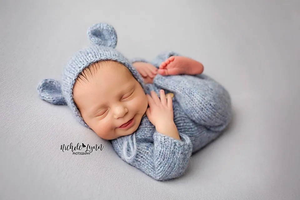 Footless Knitted Long-Sleeve Romper with matching Classic or Bear bonnet