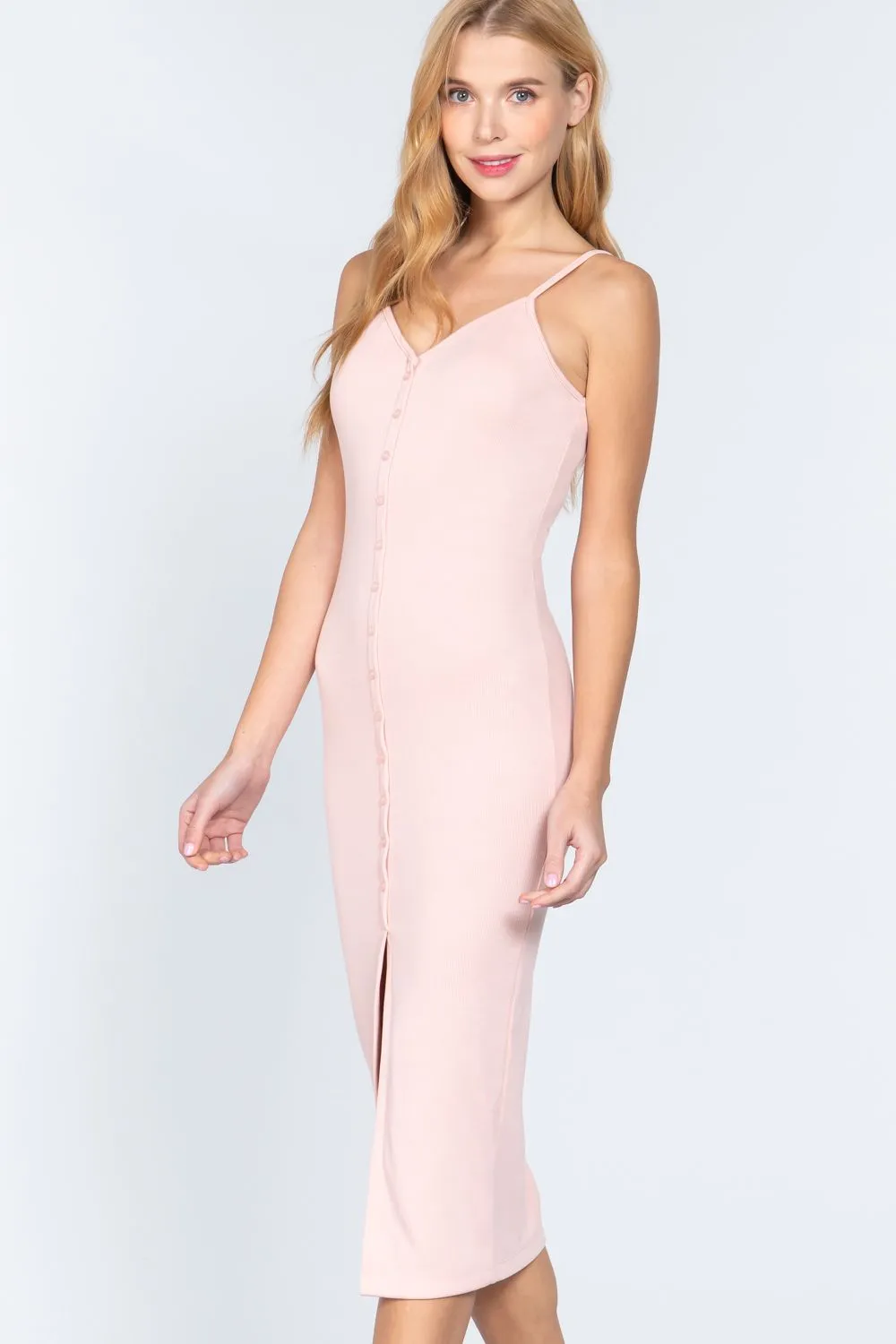 Fron Button Slit Rib Cami Midi Dress