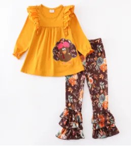 Girls Orange Fall Thanksgiving Turkey Tunic & Ruffle Pants