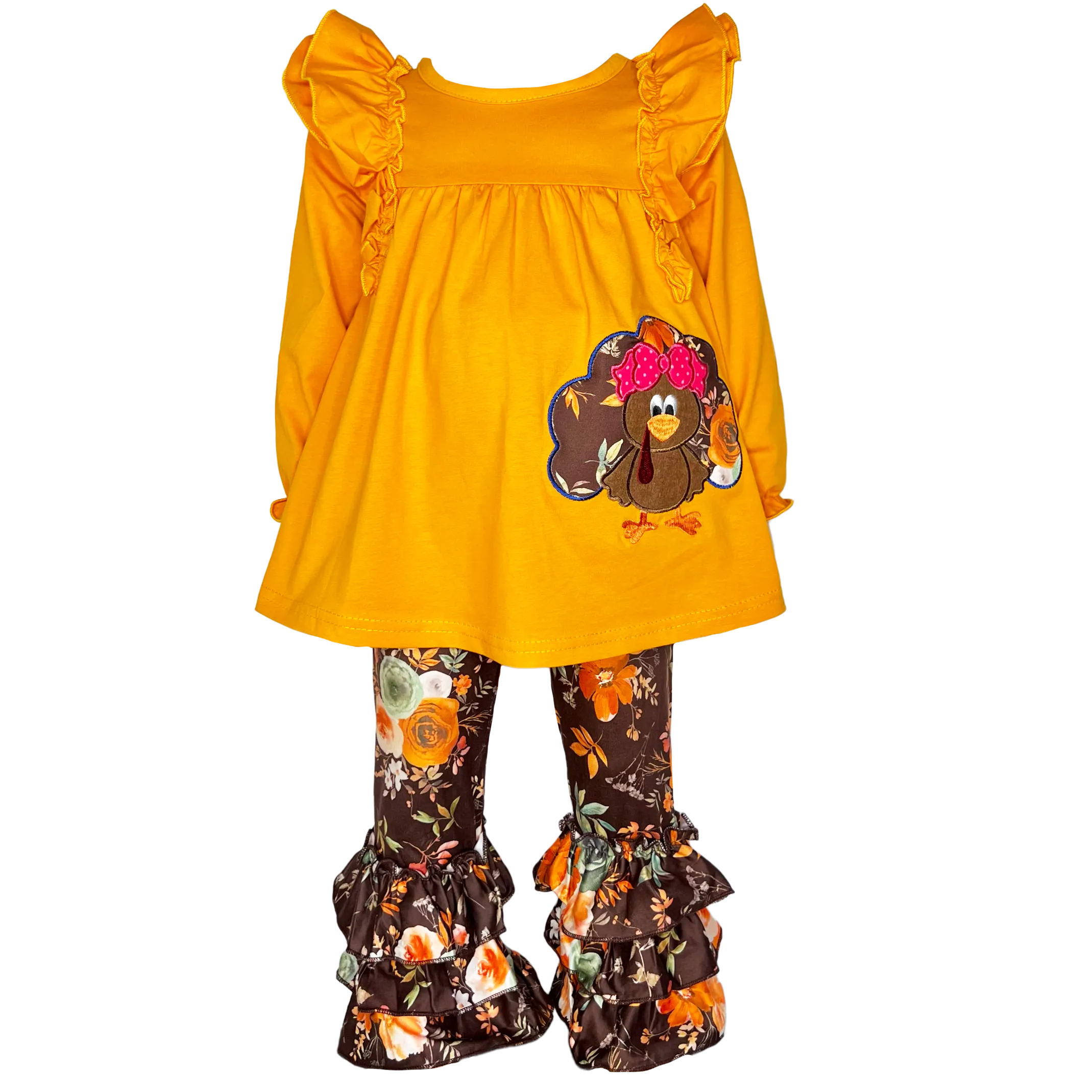 Girls Orange Fall Thanksgiving Turkey Tunic & Ruffle Pants