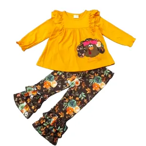 Girls Orange Fall Thanksgiving Turkey Tunic & Ruffle Pants