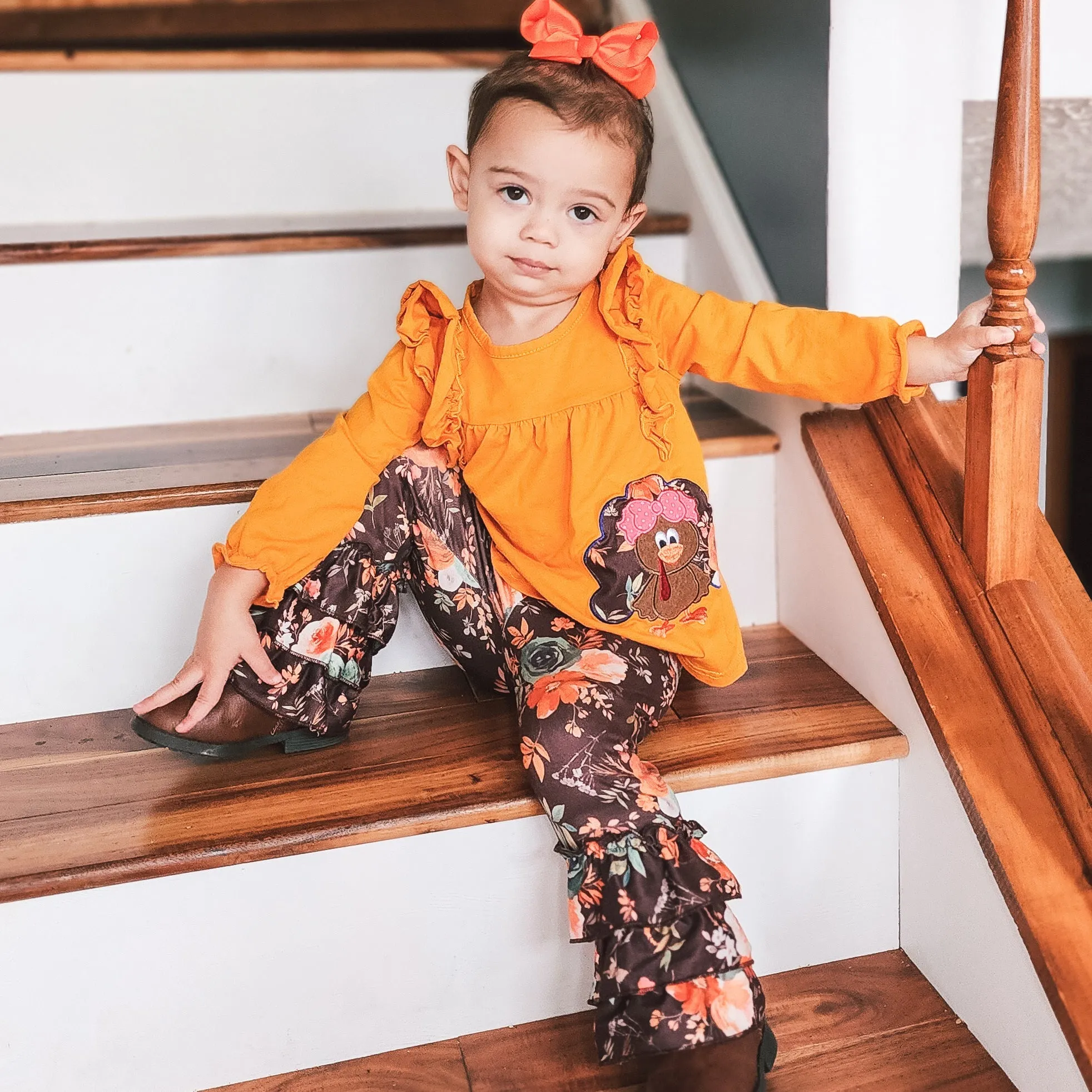 Girls Orange Fall Thanksgiving Turkey Tunic & Ruffle Pants