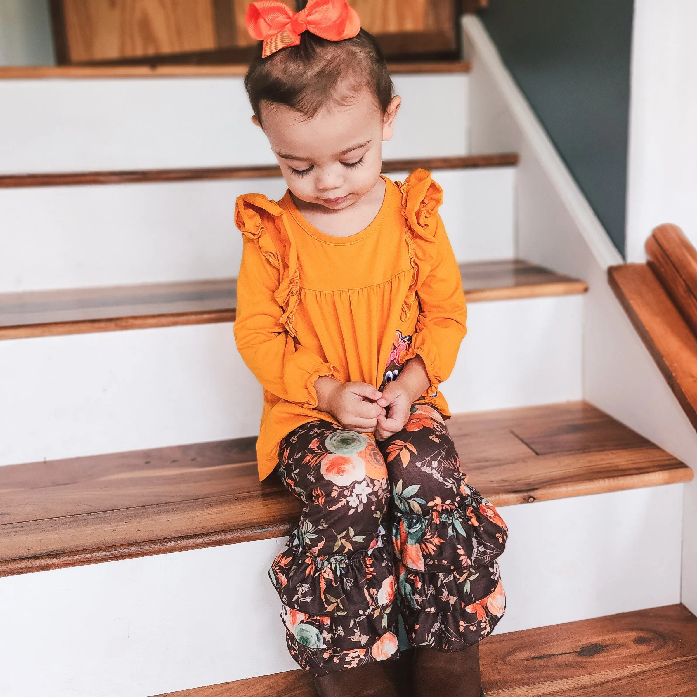 Girls Orange Fall Thanksgiving Turkey Tunic & Ruffle Pants
